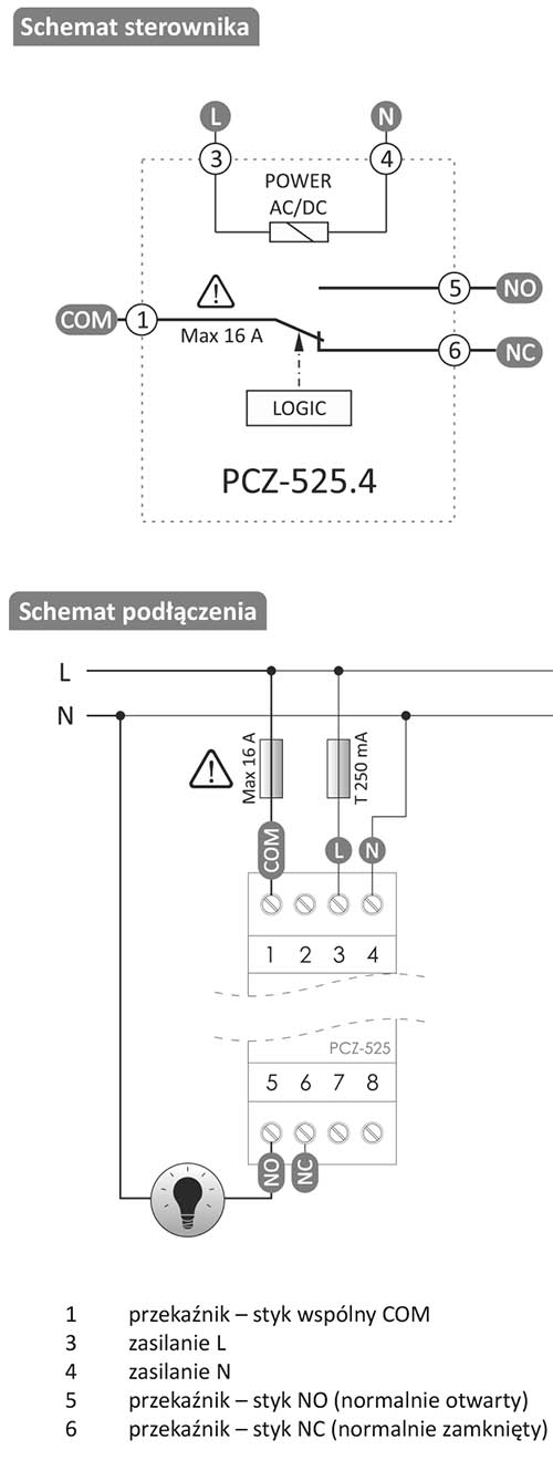 Zegar PCZ-525.4 schemat podłączenia